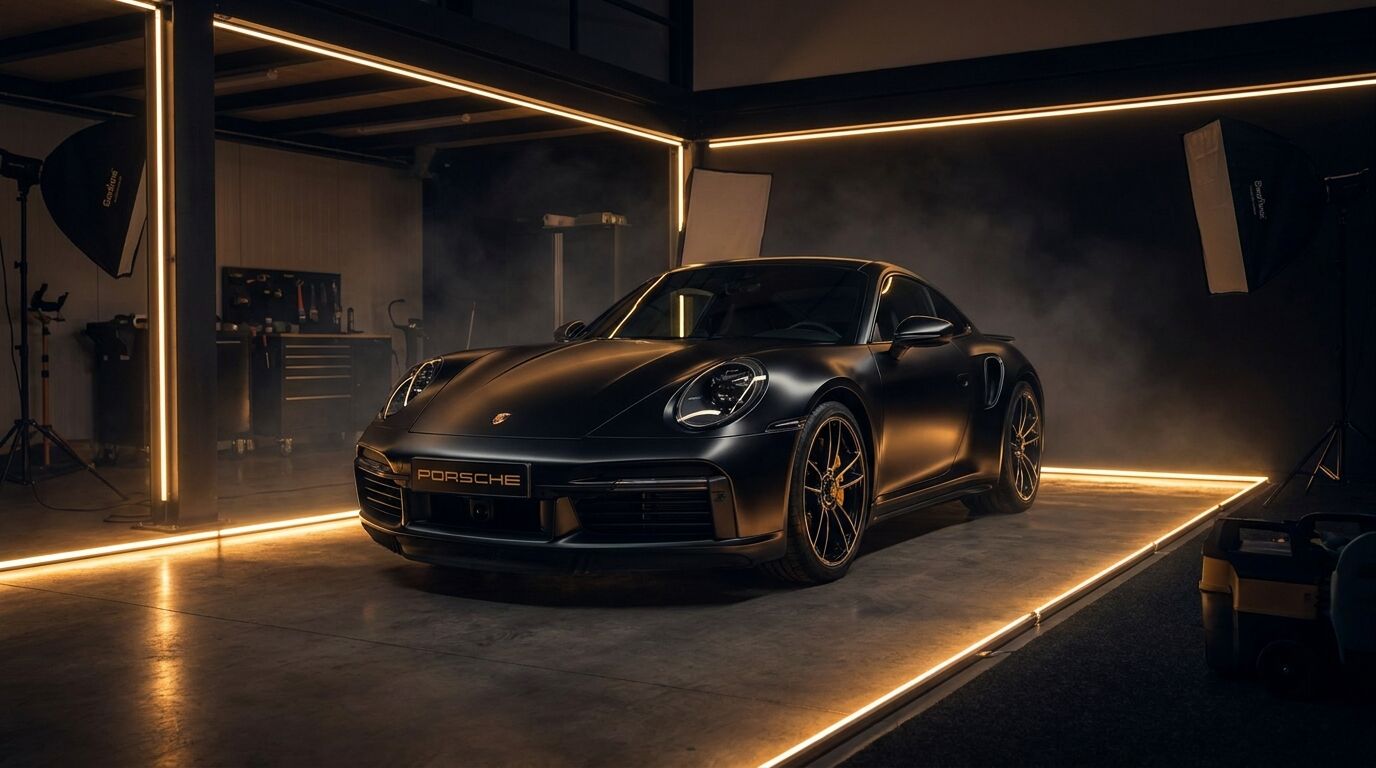 Luxury vehicle under dramatic studio lighting in our detailing bay