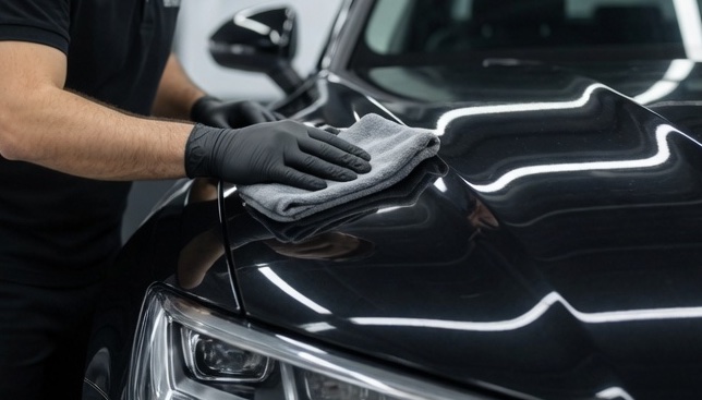Detailer buffing ceramic coating onto black hood with microfibre cloth