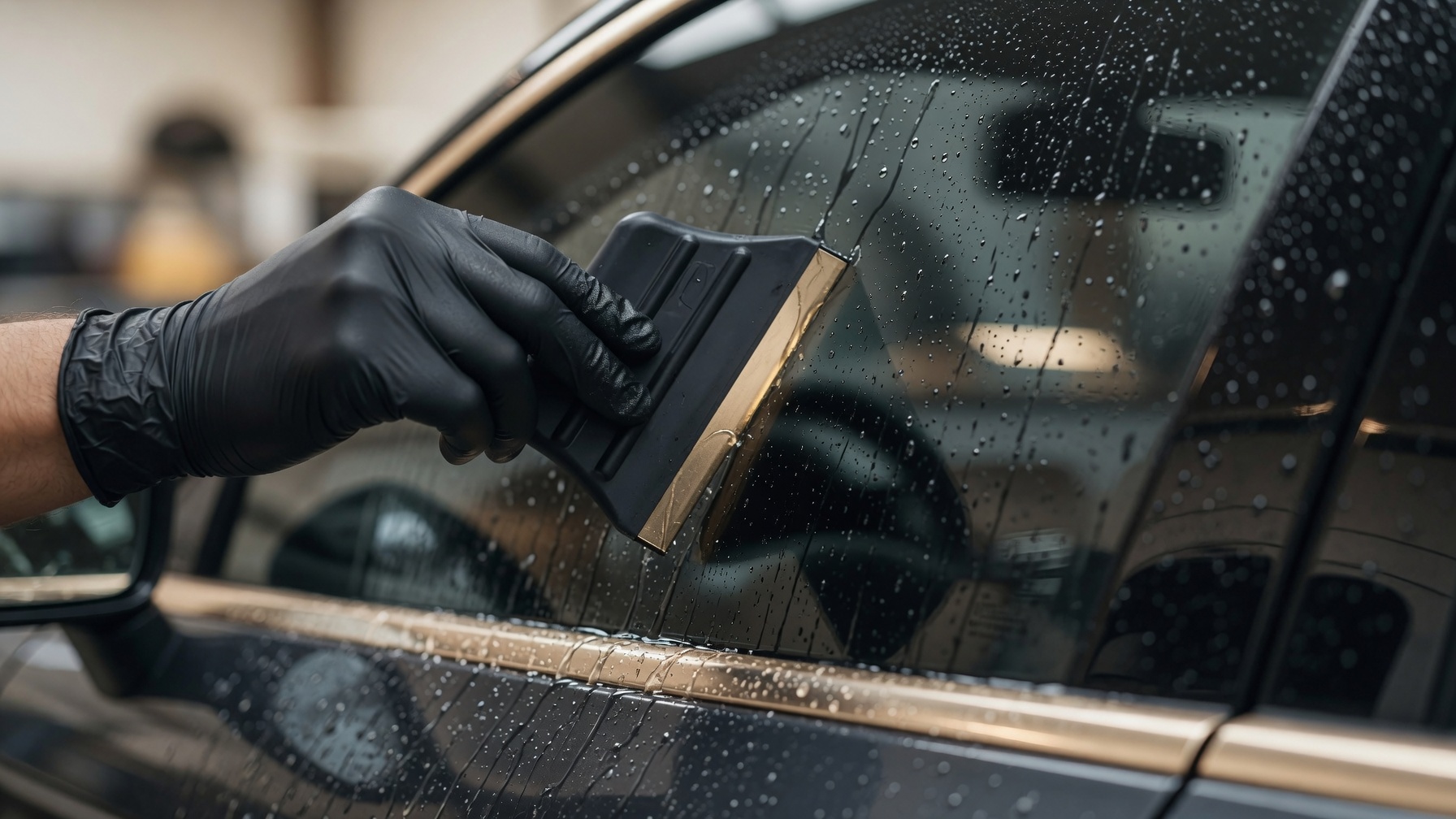 Technician using squeegee to install tint film on a sedan window